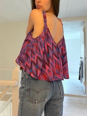 Lovers + Friends Satin Diamond Print Flare Babydoll Top Purple/Pink Size S $98